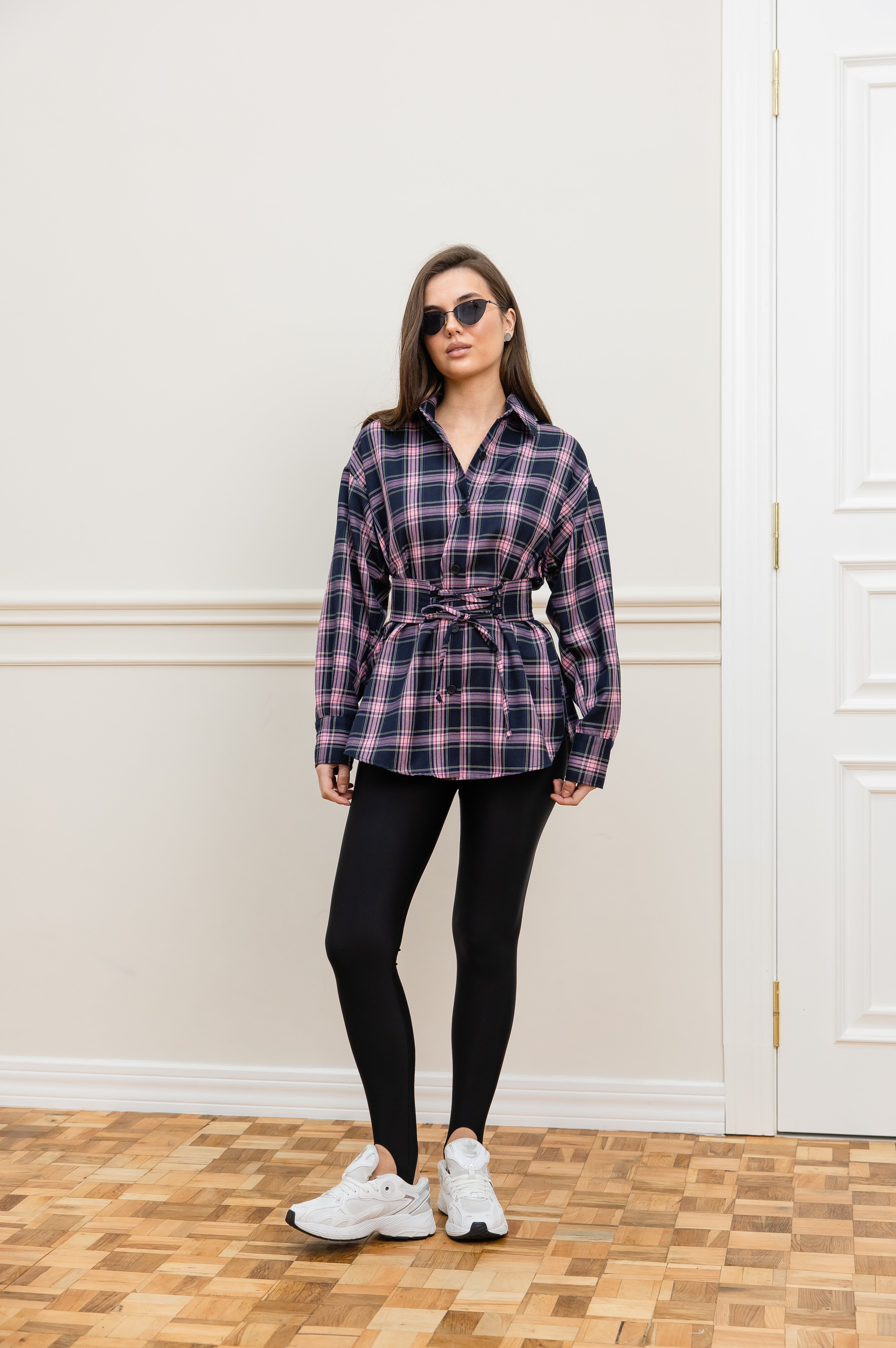 Сорочка з поясом синій+рожевий