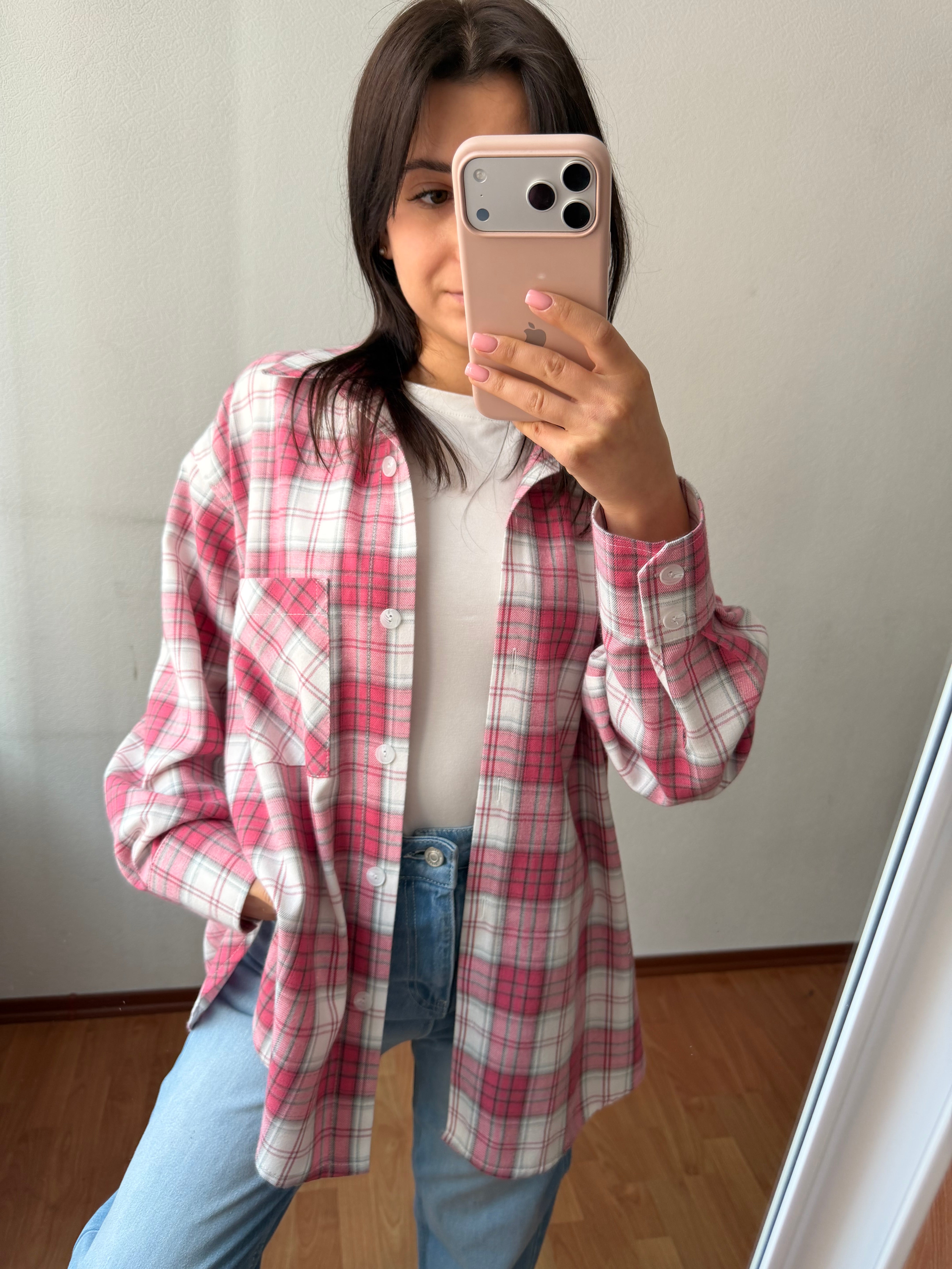 Картата сорочка рожевий+молочний