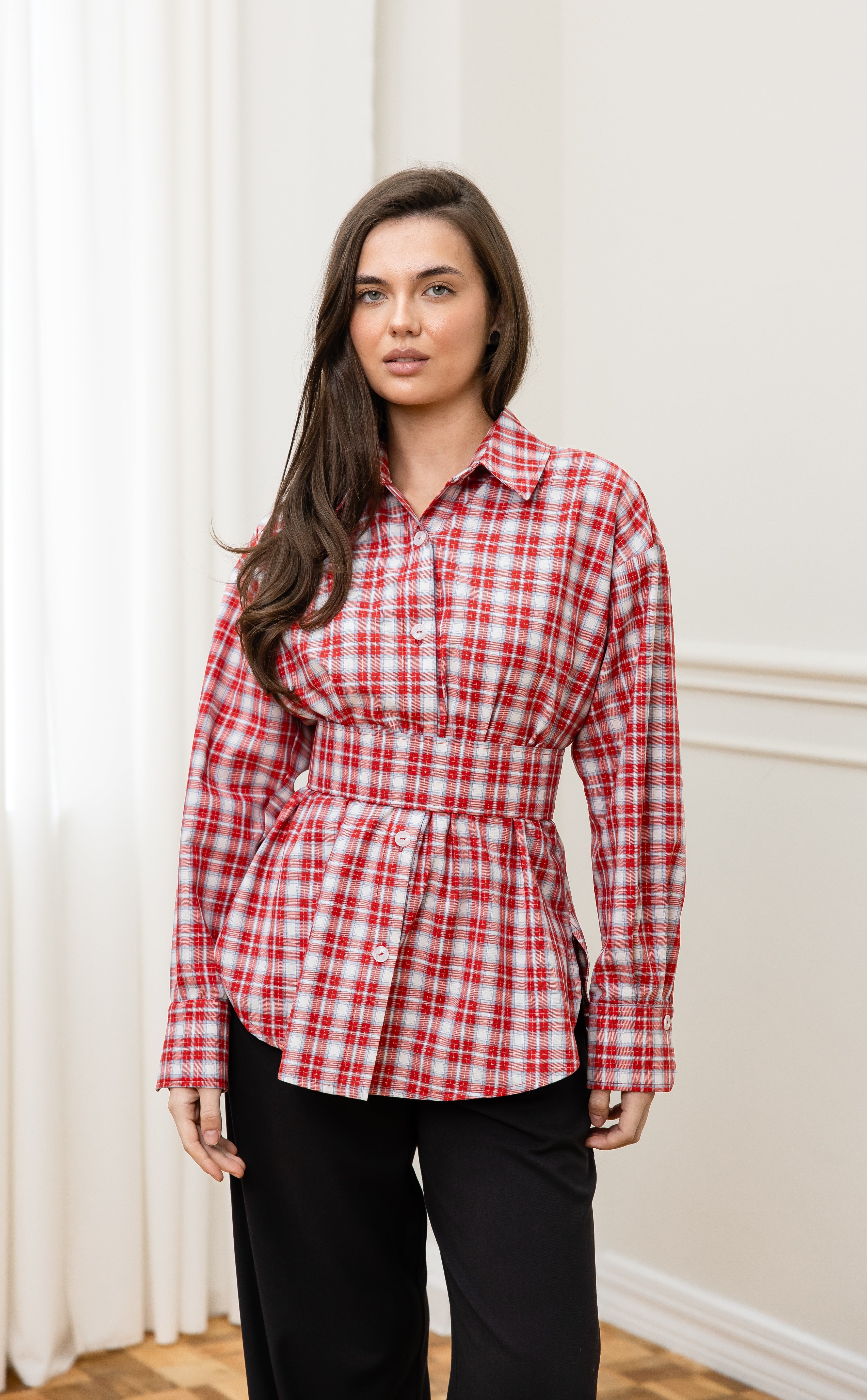 Сорочка з поясом червоний+молочний