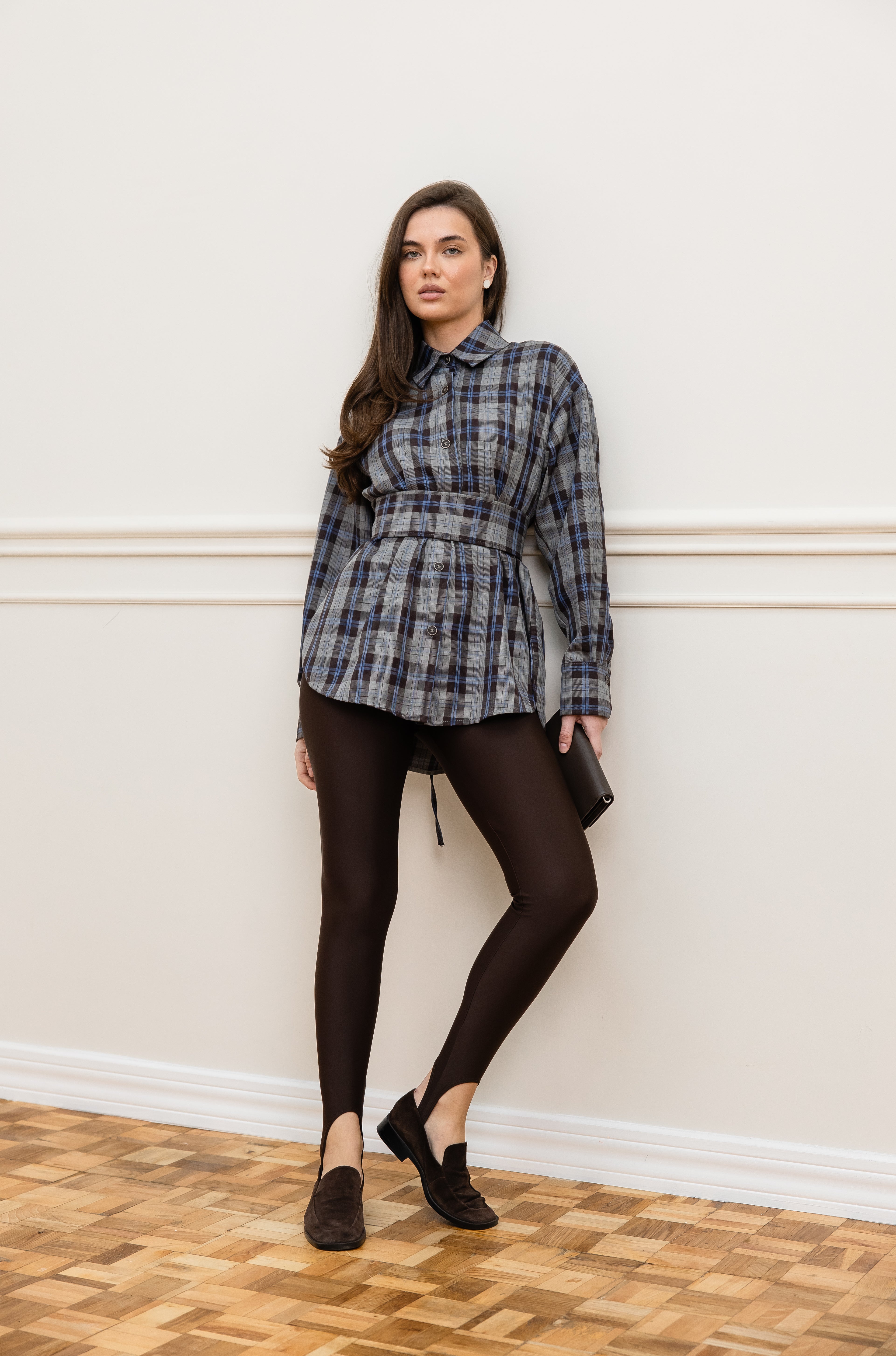 Сорочка з поясом сірий+блакитний