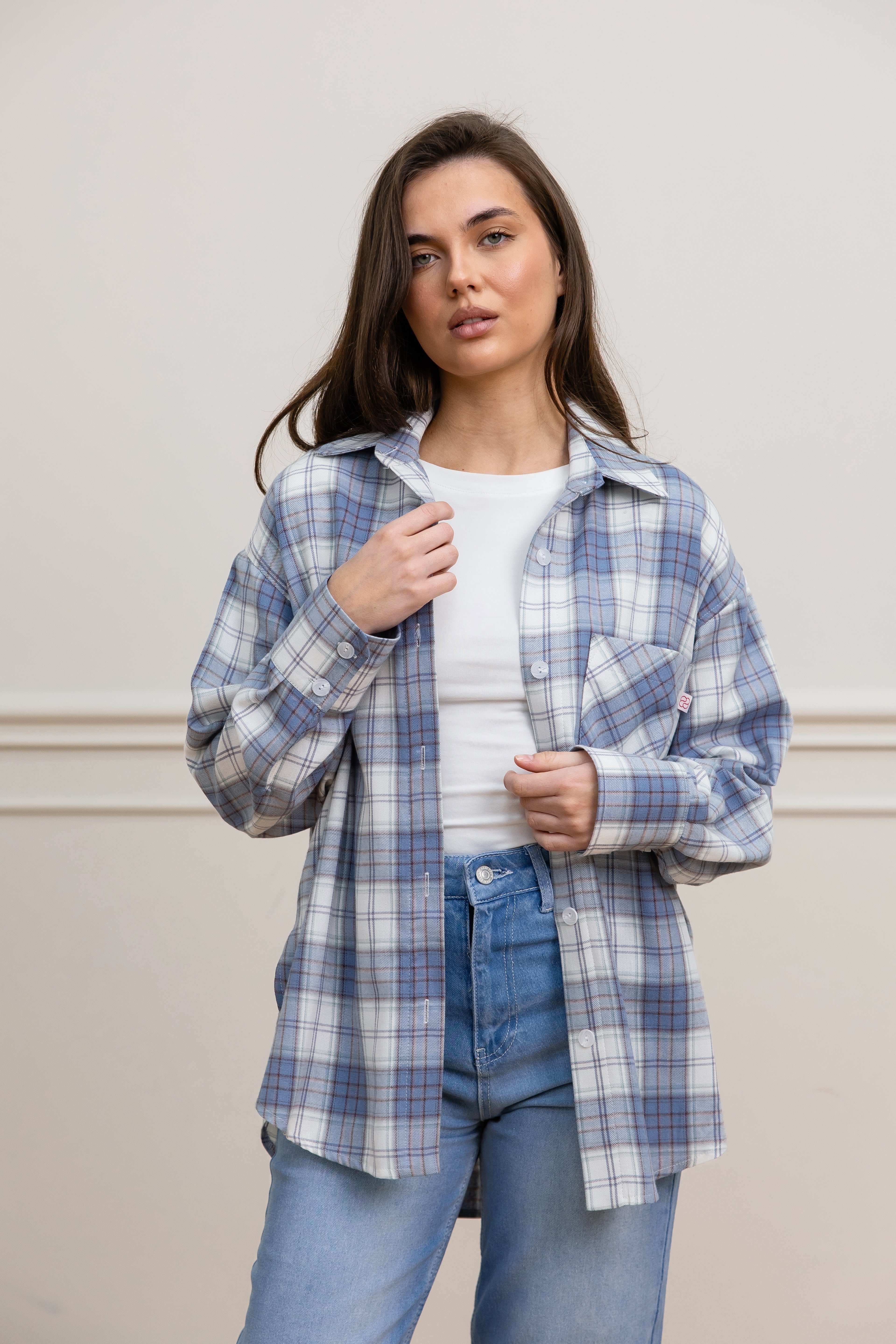 Картата сорочка блакитний+молочний