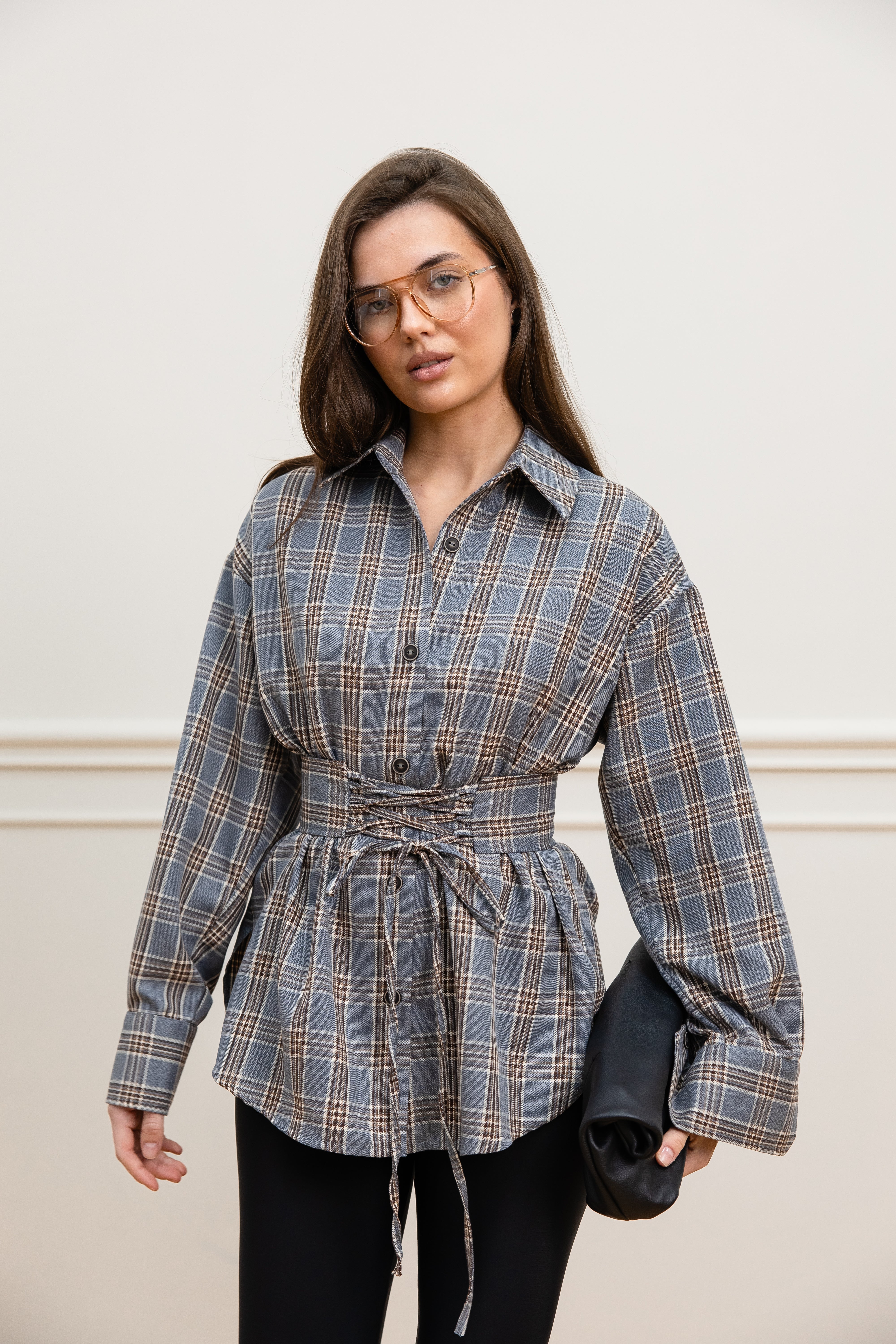 Сорочка з поясом сірий+беж