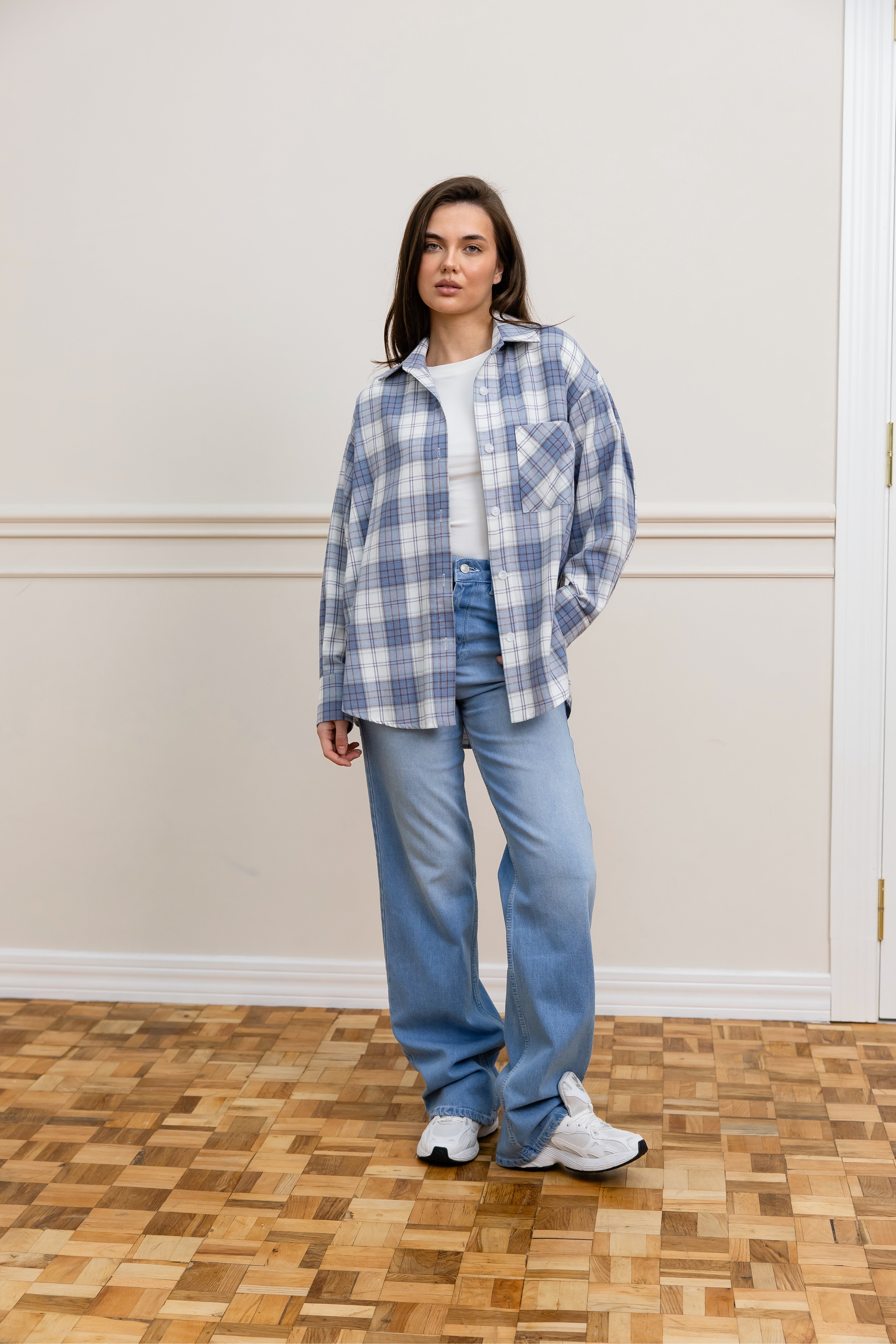 Картата сорочка блакитний+молочний