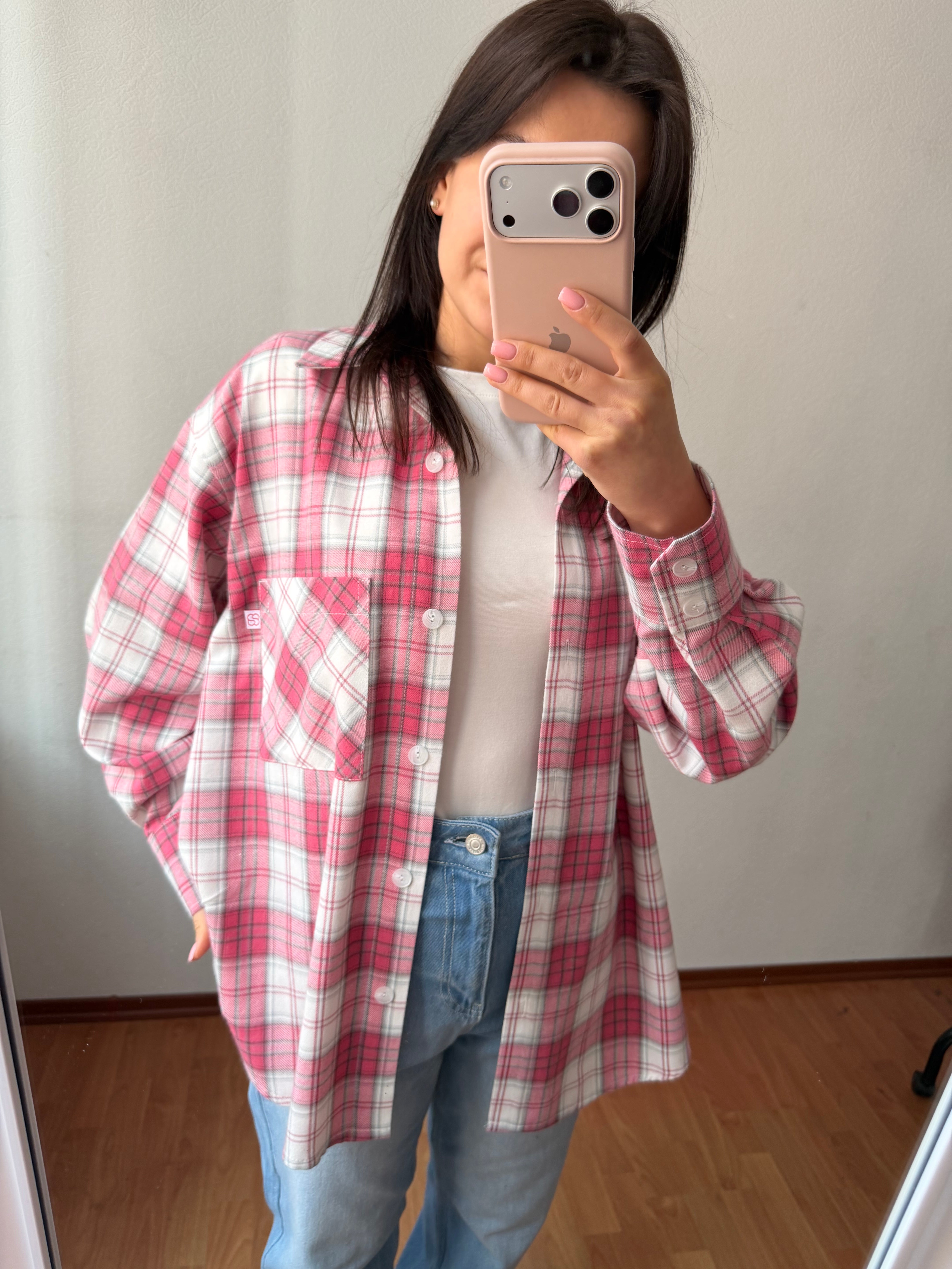 Картата сорочка рожевий+молочний