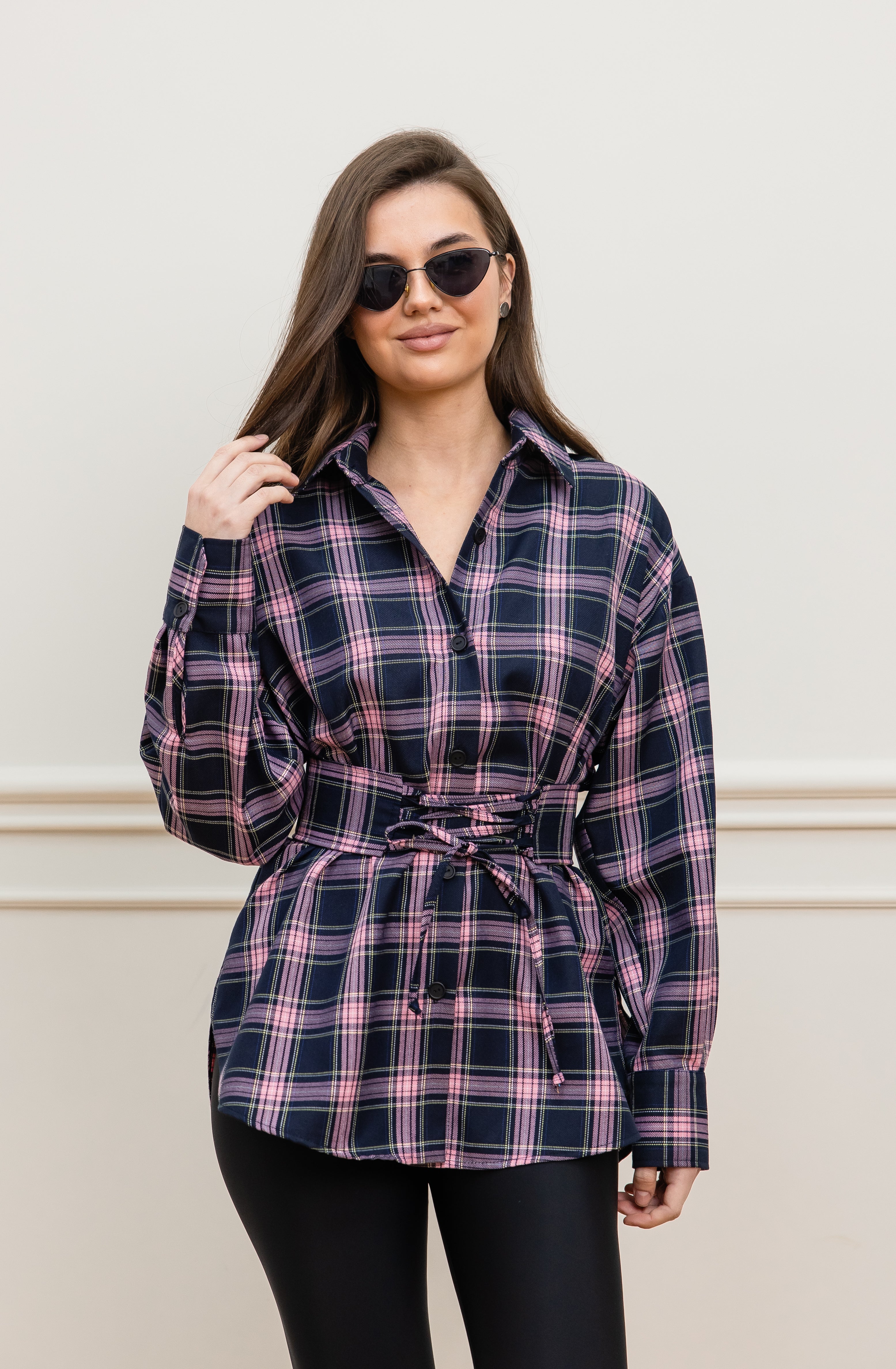 Сорочка з поясом синій+рожевий