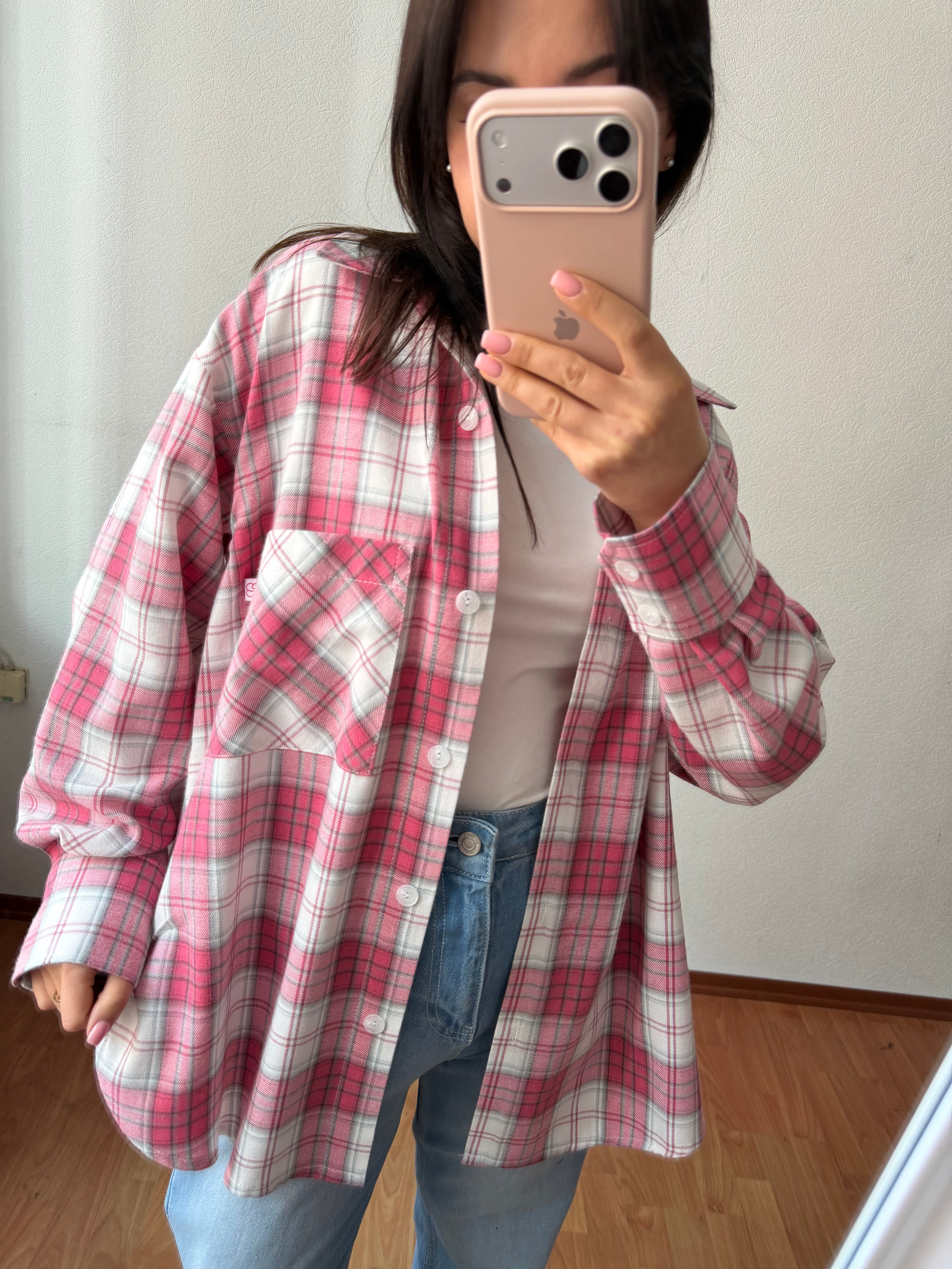 Картата сорочка рожевий+молочний