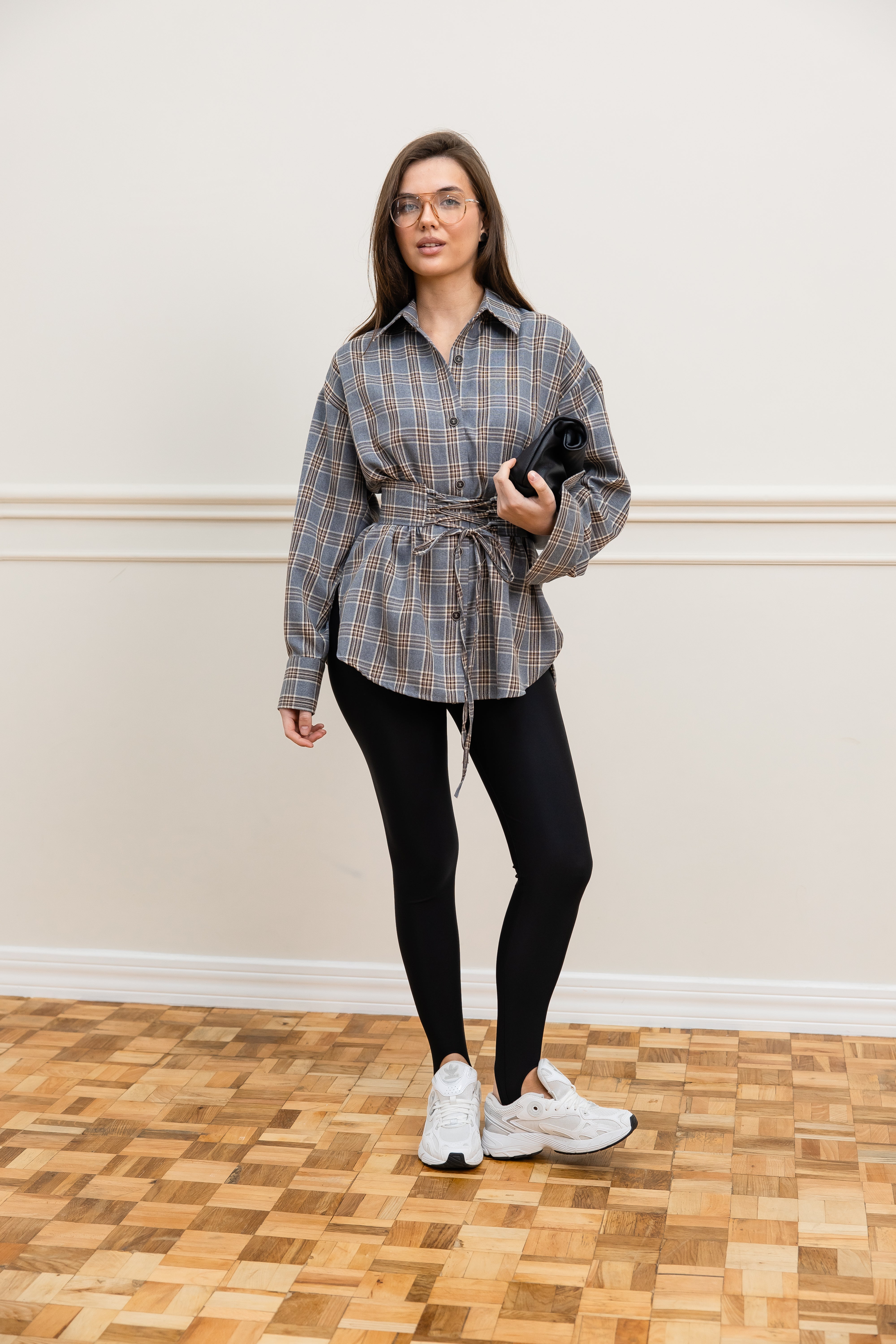 Сорочка з поясом сірий+беж